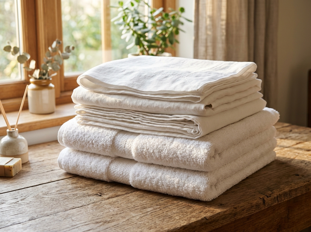 Freshly folded laundry linens and towels representing JCL quality care